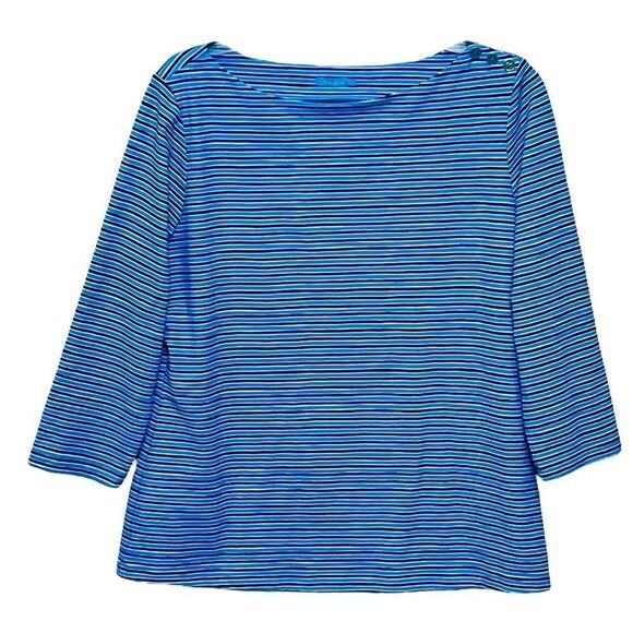 J McLaughlin Top Blue Stripes 3/4 Sleeve 3 Buttons Side/Top Shirt Size L NWOT - Picture 1 of 10
